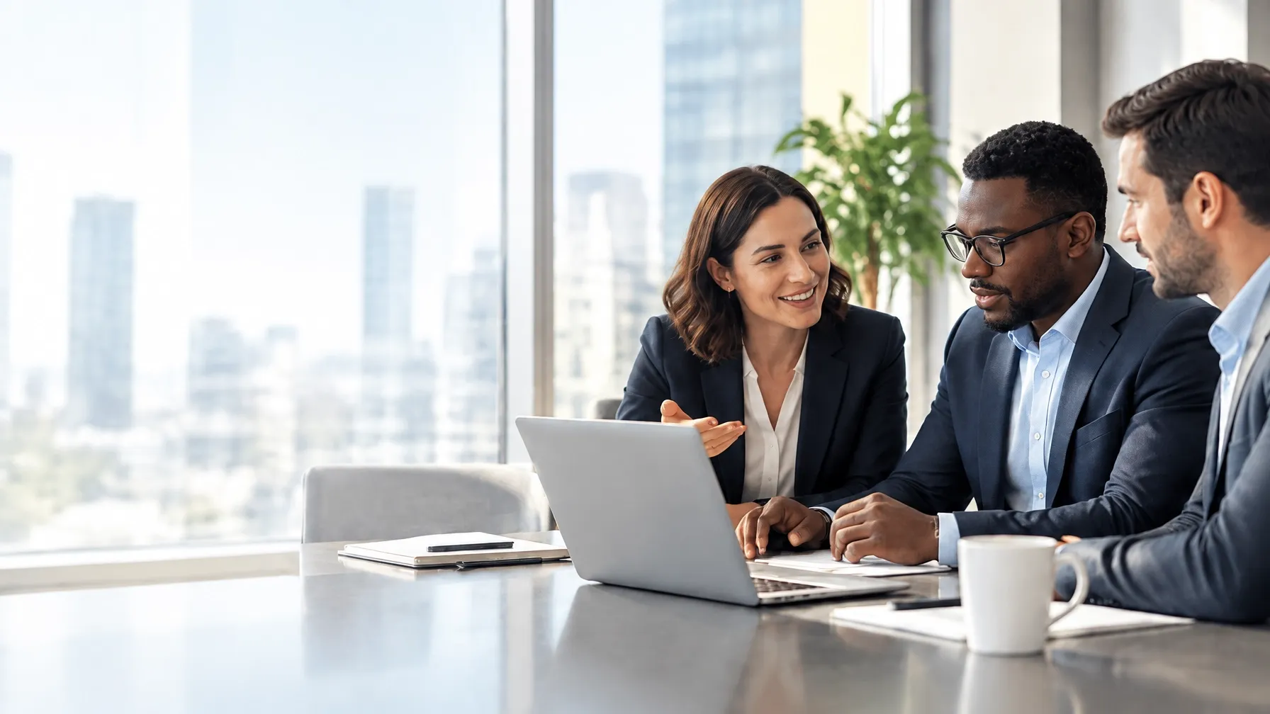 Business consultants collaborating around a laptop in a bright modern office